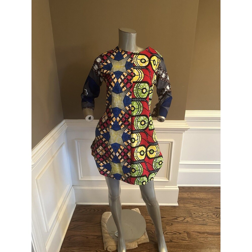 Grass-Fields African Ankara Print Tunic Top 3/4 Sleeves Sz 10